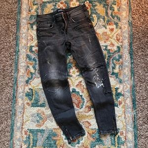 Zara Skinny Black Distressed Jeans w/ Zipper Ankle & Open Knee - Euro Sz 40